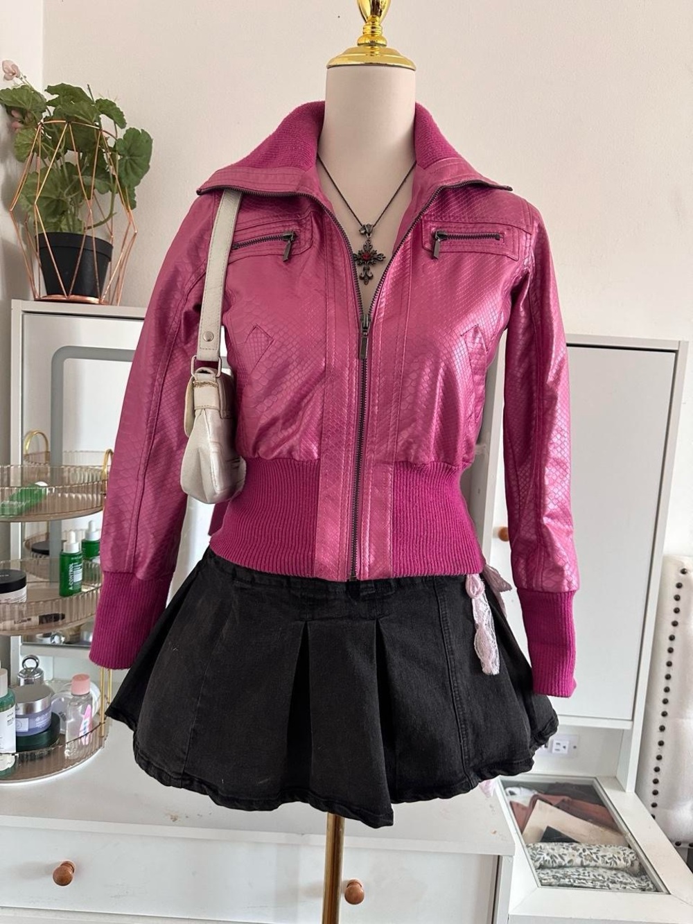 Vintage Pink Zip-Front Bomber Jacket